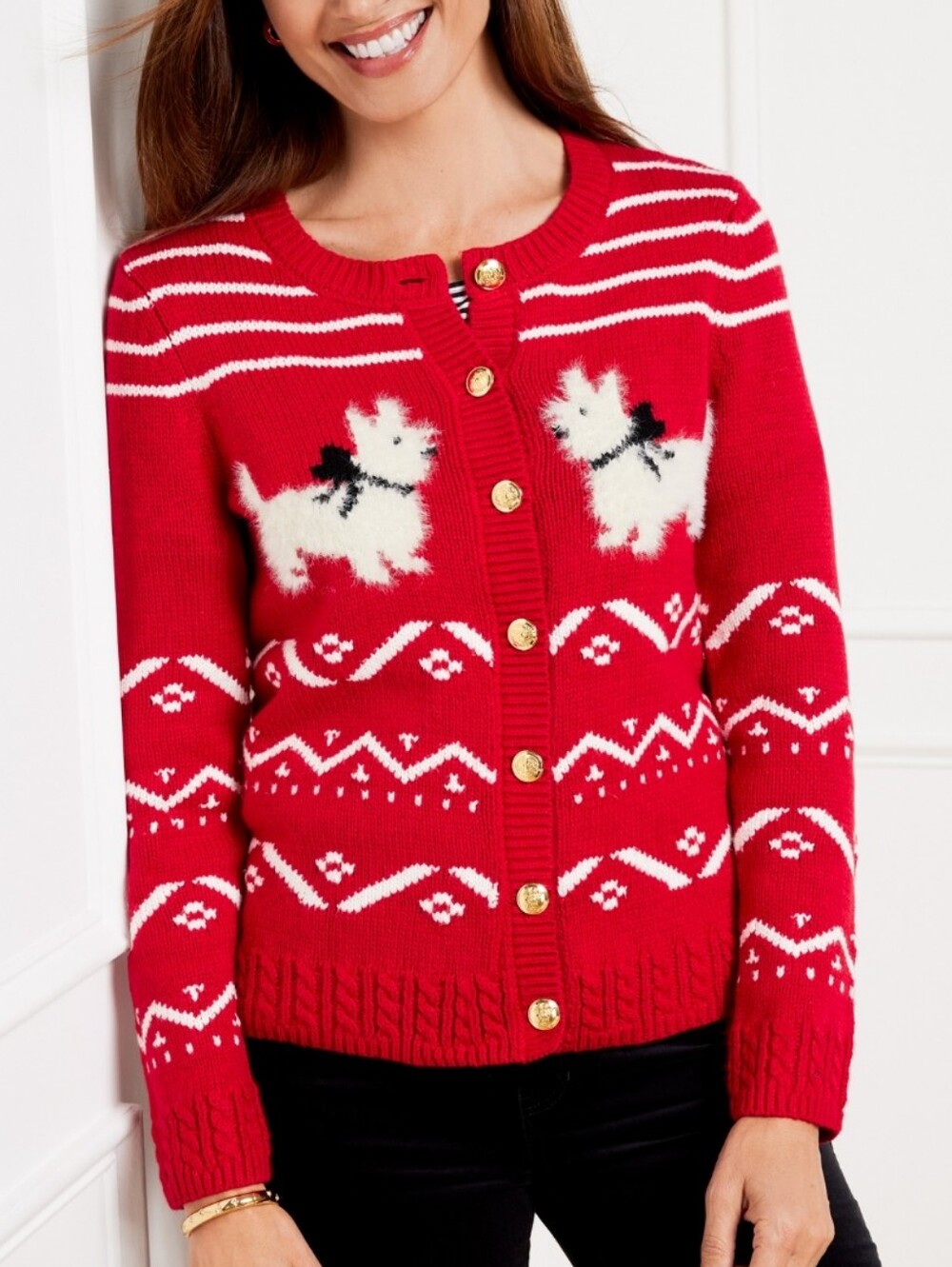 Talbots Scottie Dog Fair Isle Button-front Cardigan Sweater Gold Buttons